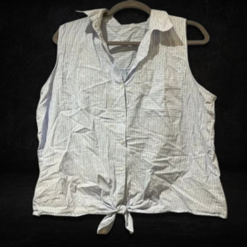 Eden & Olivia Striped Button-Down Tank Tie Bottom Sleeveless Light Blue White L